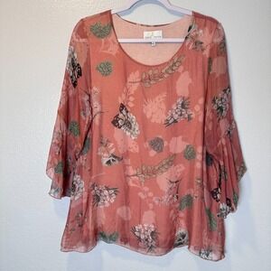 Belle France-Size-L  Italy Peach Silk Top Flowers Tunic  -$95.00